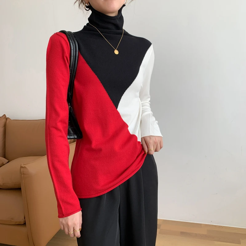 

Женские свитера с воротником «хомут» на осень и зиму пуловер-стретч женские базовые Топы Повседневная Мягкая трикотажная одежда контрастн...