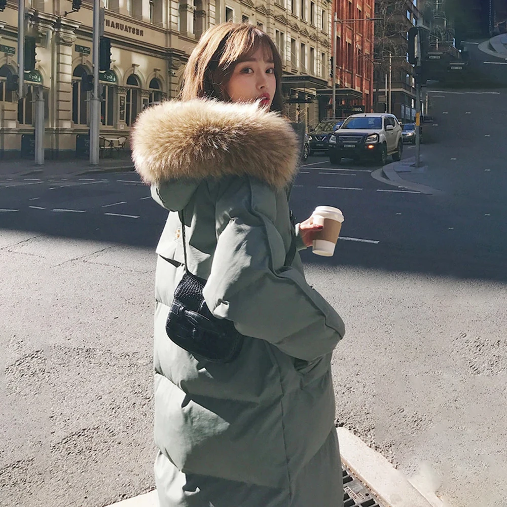 Women's Winter Cotton-padded Jacket Korean Stye Large Fur Collar Hooded Long Down Cotton Parkas Warm Loose Clothing Women Coat