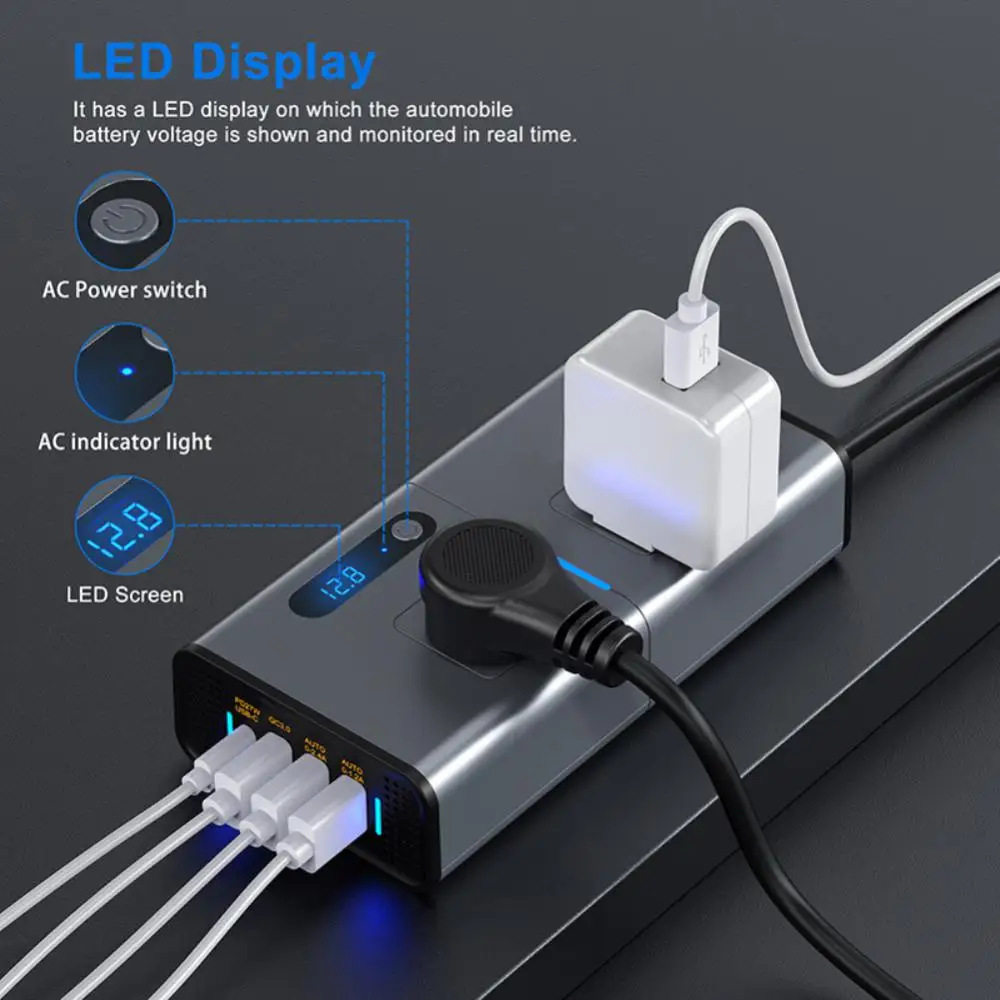 

200W Car Inverter USB Power Adapter Inverter DC12V to AC 110V Auto Protection Converter USB Type-C Super Fast Charger US Socket