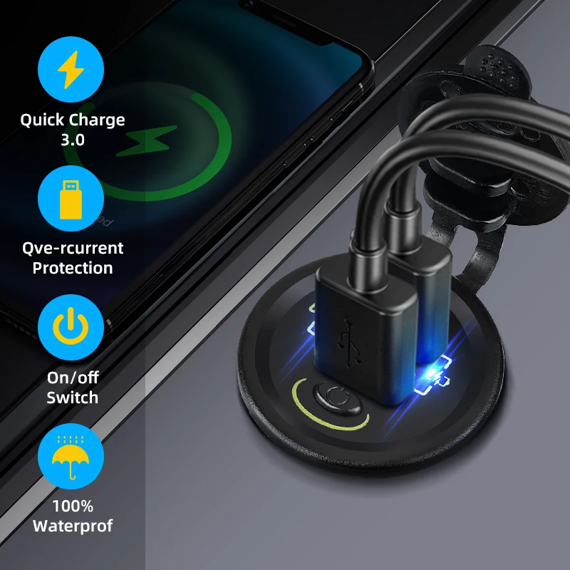 qc3 0 36w car usb charger auto 12v socket adapter port quick charge with switch onoff motorcycle camper boat accessories free global shipping