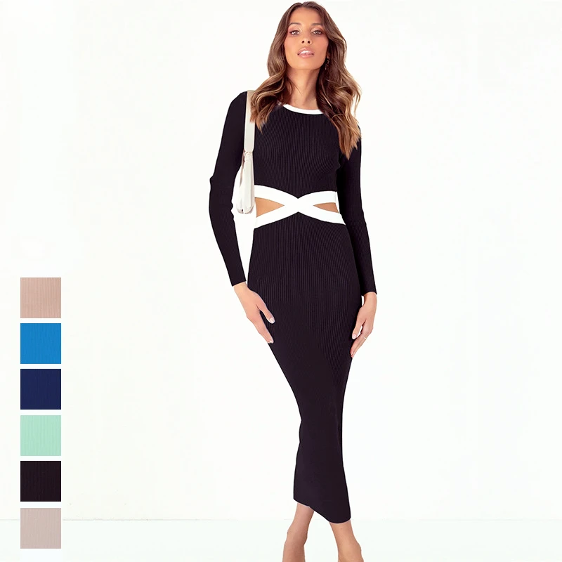 

2022 Autumn Fashion Ladies Hollow Tight Dress Women French Temperament Ribbed Long Sleeve Dress Sexy Female Elegant Hip Dress