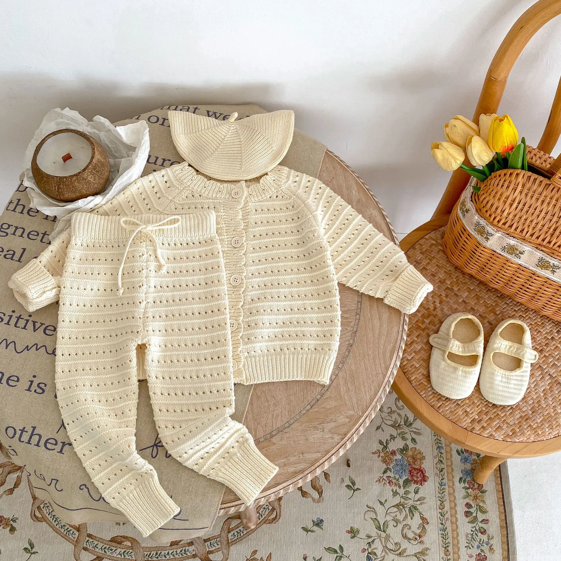 

Baby Autumn Set 2023 Baby Boys 2PCS Clothes Set Cotton Hollow Simple Knitted Coat Solid Sweater Pants Suit Toddler Boys Outfits