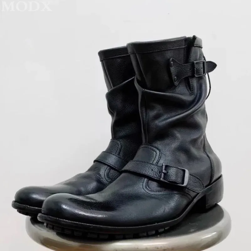 Японские винтажные ботинки из воловьей кожи черные рабочие до середины икры