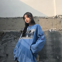 japan style batik washed old blue ghost handprint hoodless loose sweater womens bat sleeve retro pasted cloth printed pullover
