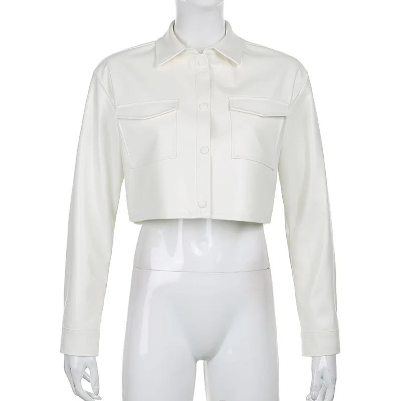 Black Cropped Leather Jacket Button Turn Down Collar Woman Faux Leather Biker Jacket Streetwear Spring Autumn Long Sleeve Top