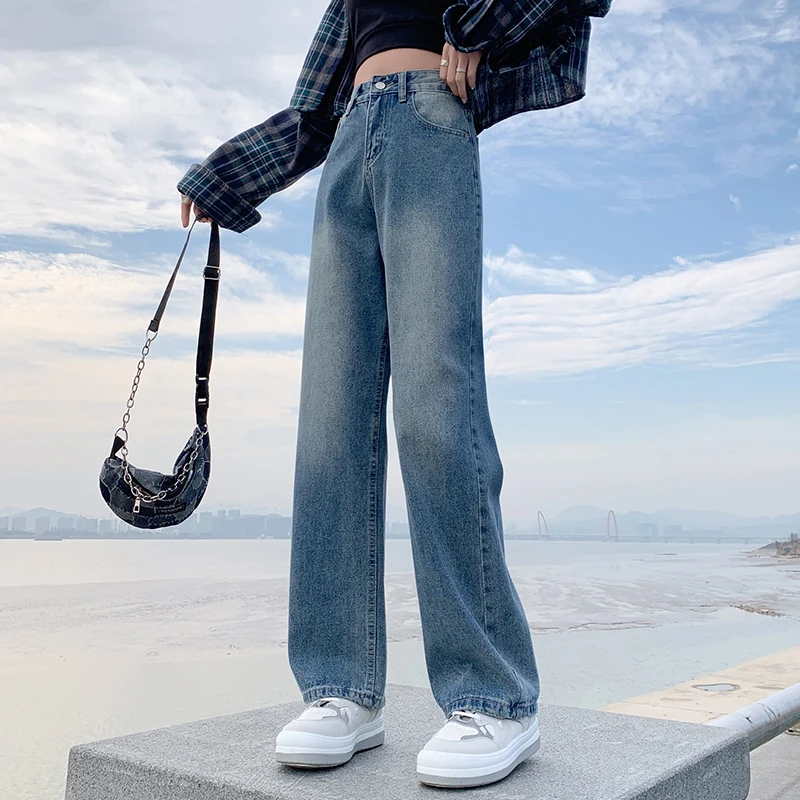 

Джинсы женские классические, Свободные повседневные Прямые длинные брюки из денима с высокой талией