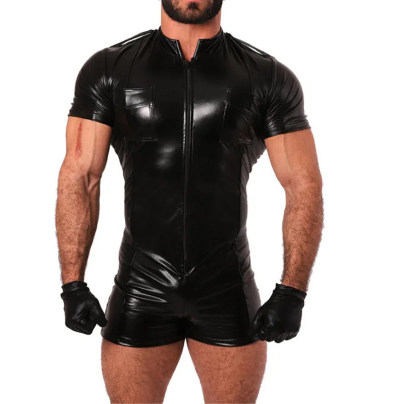Mens Bodysuits PU Leather Catsuit Zip Short Sleeve Leotard Wrestling Singlet One-piece Jumpsuit Party Night Clubwear With Gloves