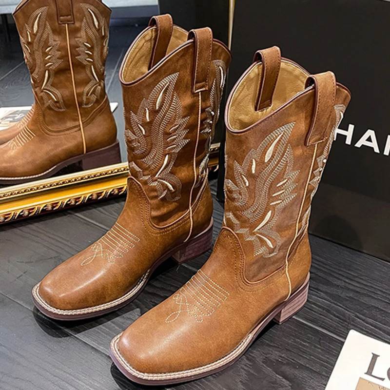 

Женские Модные Ботинки Martin в стиле ретро с вышивкой, коричневые ботинки на толстом каблуке средней высоты, ковбойские ботинки в западном стиле