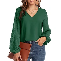 women summer puff sleeve chiffon patchwork solid v neck simple embroidery tops blouse