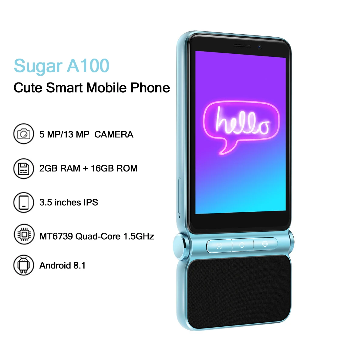 Sugar A100 Cute Smartphone 2GB RAM 16GB ROM 3.5inches 13MP Lady Children Phone Powerful Speaker LTE 4G Music Study Cellphone