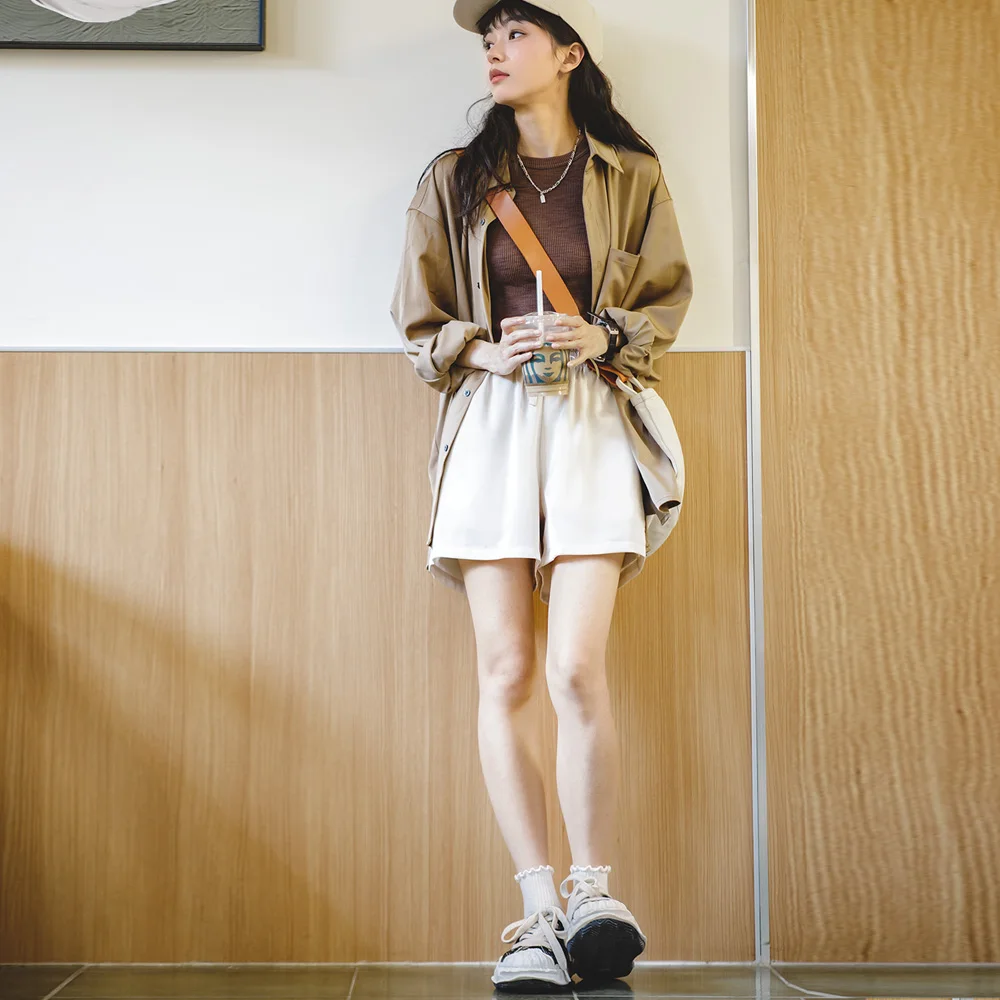 Maden Women's American Casual Sports Embroidery Shorts Summer Versatile Slim Silk High Waist Sports Wide Leg Pants