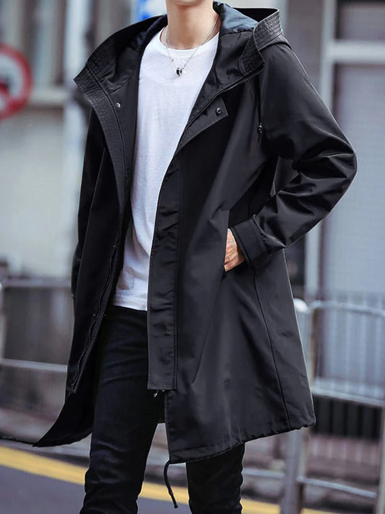 

Spring Autumn Long Trench Coat Men Fashion Hooded Windbreaker Black Overcoat Casual Jackets Big Casual Trench Polyester zipper
