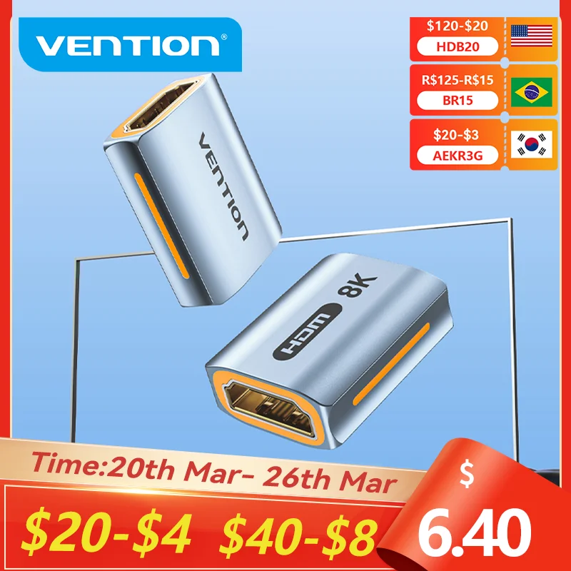 Vention 8K HDMI Extender HDMI Female to Female Connector 8K60Hz HDMI 2.1 Coupler Extension Adapter for PS4 HDTV Roku TV Stick PC