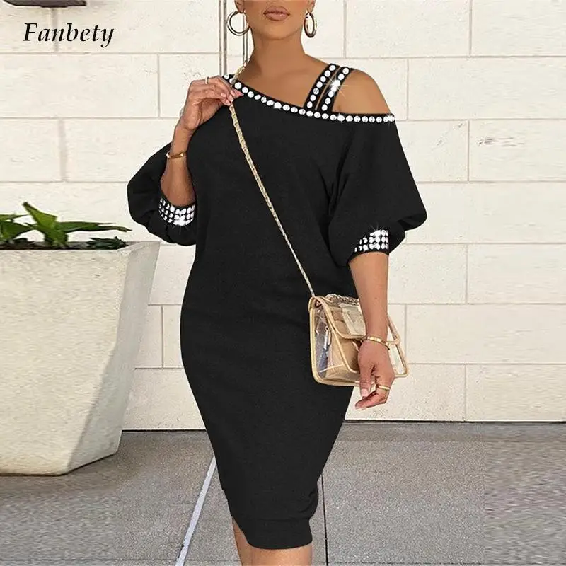 

Elegant Diamond Diagonal Collar Midi Dress Women Casual Long Sleeve Solid Party Dress 2023 Sexy Off Shoulder Hollow A-Line Dress