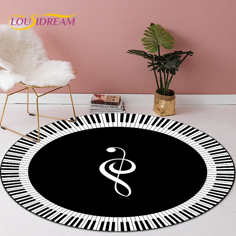 

New Colorful Music Symbol Carpet Piano Keys Black White Round Rugs Non-slip Area Rug for Living Room Bedroom Foot Pad Decoration