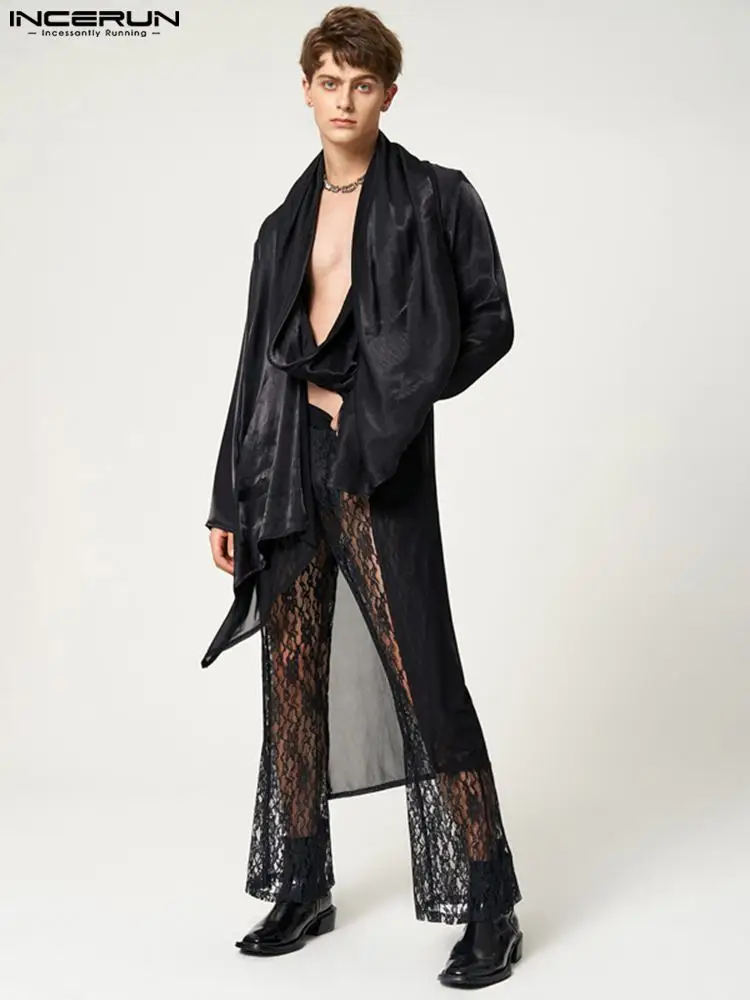 Fashion Casual Style Tops INCERUN New Men Slightly Transparent Comfortable Blouse Male Solid Wrapped Cardigan Thin Shirts S-5XL