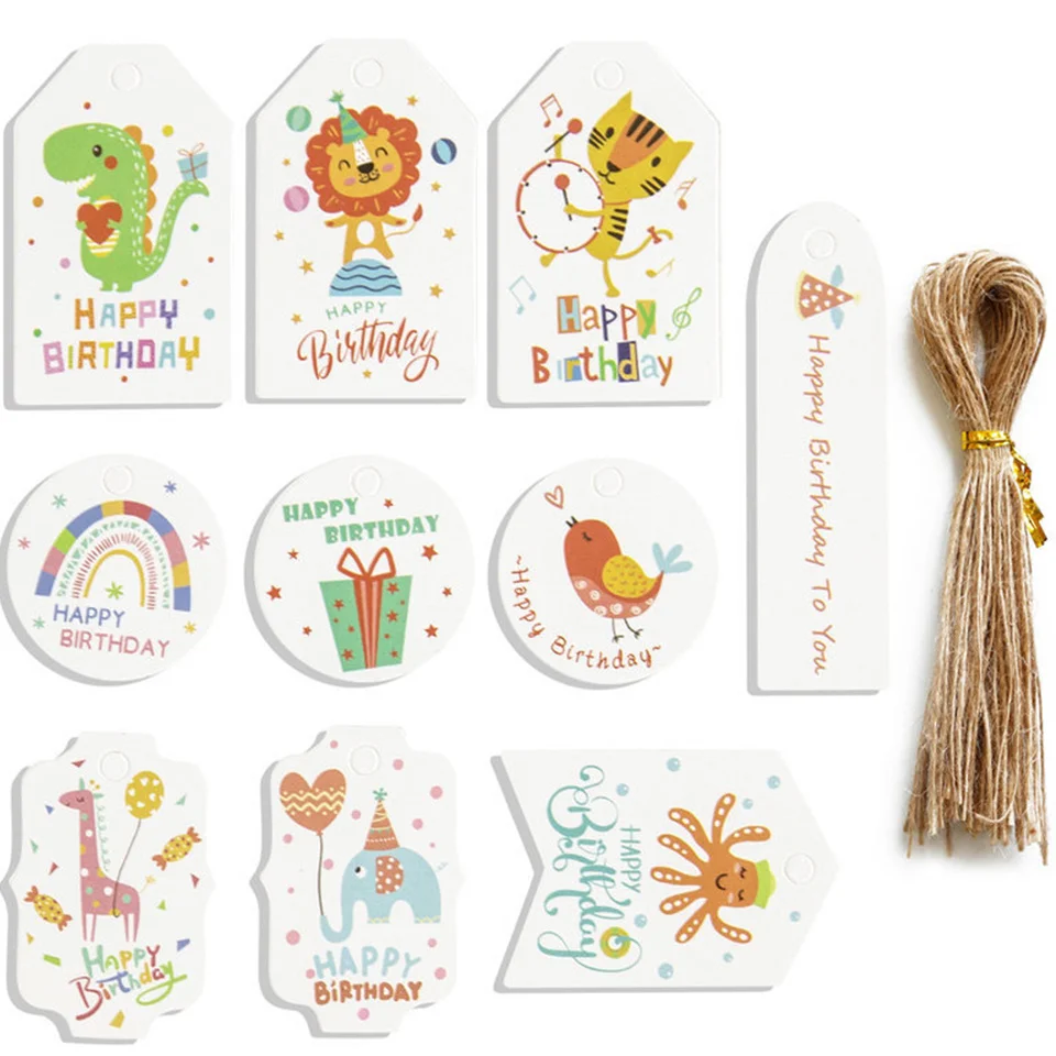 

50PCS Animal Type Paper Tags With Jute Rope Dinosaur/Tiger Crafts Hanging Labels for Kids Jungle Birthday Party DIY Supplies