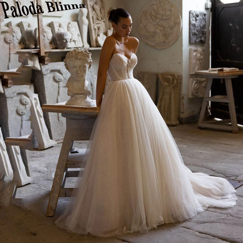 

Paloda Generous Rhinestones Sweetheart Wedding Dresses A-LINE Detachable Half Puff Sleeve Pleat Backless Bling Tulle Sweep Train