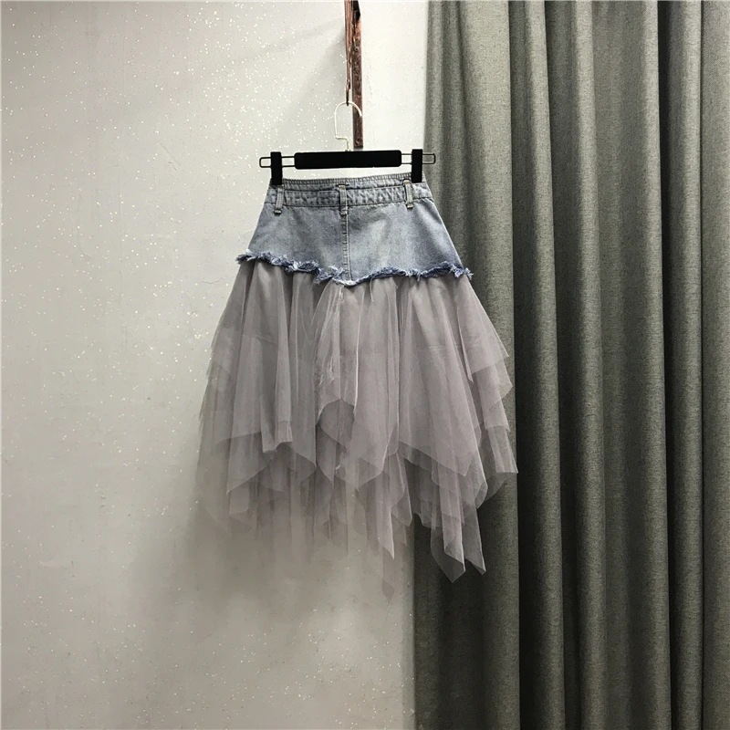 wa gotycka tiulowa spódnica dżinsowa Tutu damska nieregularna wysoka talia linia plisowana Midi Patchwork Punk asymetryczna letnia impreza klubowa