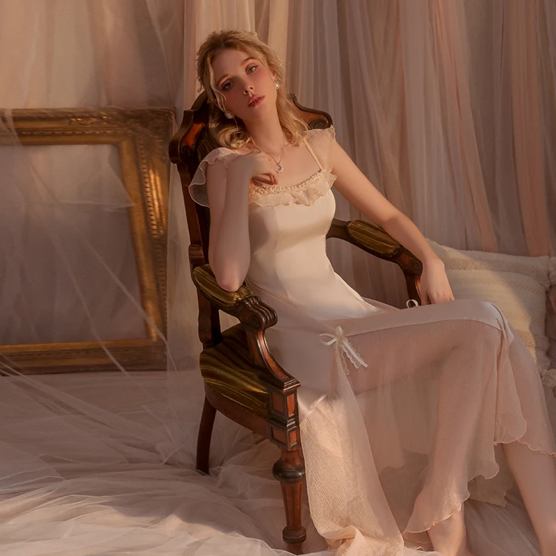 Nightdress New Spring Autumn Women Elegant Holiday Dresses Puff Sleeve Slash Neck Off Shoulder Smocked Apricot color Dresses