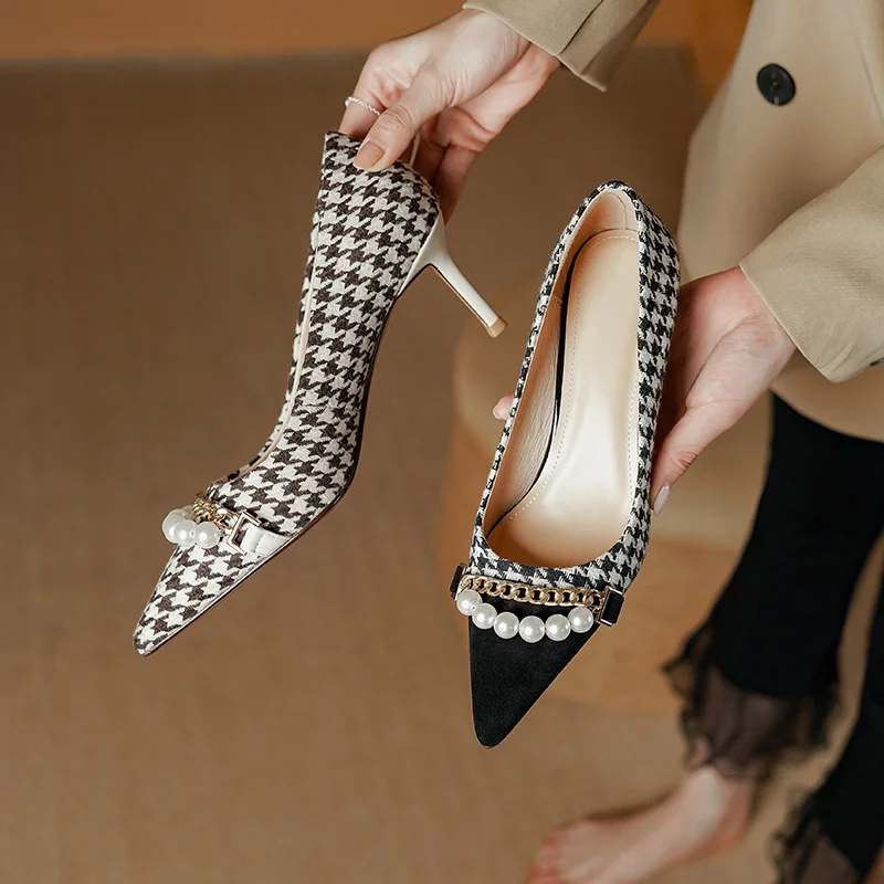 

2023 new spring women pumps natural leather 22-24.5cm length houndstooth fabric+cowhide+pigskin pointed toe high heel shoes