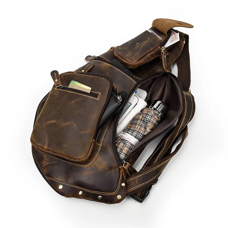 Retro personality multi-pocket design genuine leather men's chest bag outdoor travel crazy horse cowhide shoulder crossbody bag