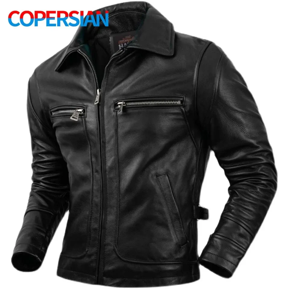 

Pure Top Layer Cowhide Genuine Jacket Men's Slim Fit Lapel Motorcycle Jackets Classical Black Zipper Leather Coat
