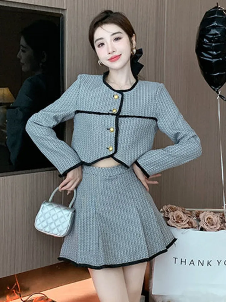 

Женский винтажный комплект из двух предметов, осенний комплект из двух предметов, короткая куртка и юбка, корейская мода, комплект из двух п...