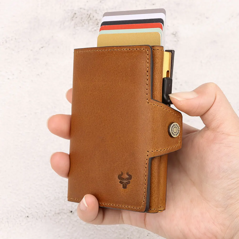 RFID Credit Card Holder Genuine Leather Wallet for Men with Zip Coin Pocket Aluminium Cardholder Case with Banknote Compartment