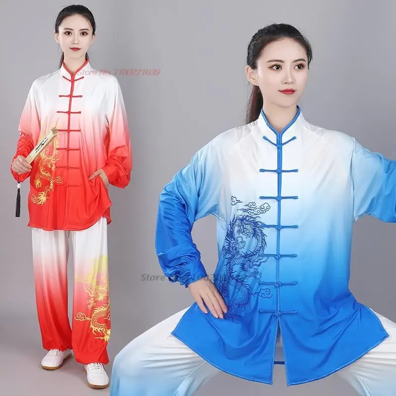 Фото 2026 китайская винтажная одежда для кунг-фу, тай-чи, боевые искусства, тайцзицюань, ушу, униформа, градиент цвета, топ с принтом дракона + брюки, комплект №1