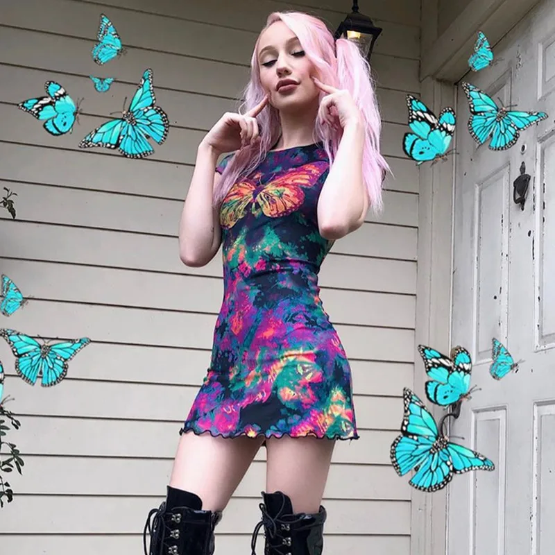 

New Women Sexy Gauze Butterfly Printed Slim Floral Dress High Waist Short Sleeve Mini Dress Hollowed-out Skirt Punk Style