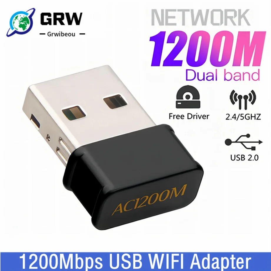 

Мини USB 2,0 Wifi адаптер Grwibeou 5,8 ГГц + 2,4 ГГц USB 2,0 приемник Беспроводной двухдиапазонный 1200 Мбит/с сетевая карта для настольного ПК ноутбука