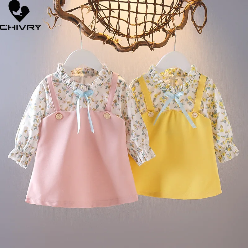 

Girls Dresses Spring Autumn 2022 Kids Baby Girls Floral Long Sleeve A-line Dress Cute Fake Two Pieces Patchwork Princess Dresses