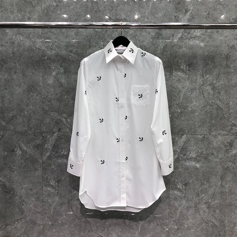 THOM TB Shirt Spring Autunm Fashion Brand Men's Shirt White Anchor Embroidery Cotton Poplin Long Shirt Custom Wholesale TB Shirt