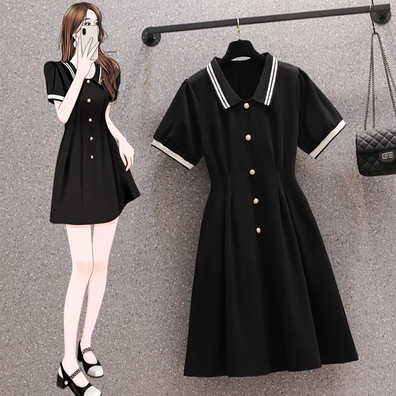 

Женское мини-платье с коротким рукавом, летнее Хлопковое платье-поло с воротником-поло, элегантная женская одежда больших размеров, черная трапециевидная юбка, модельное платье