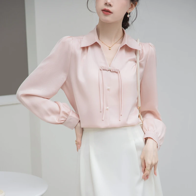 Женская атласная рубашка с длинным рукавом офисный топ в китайском ретро-стиле