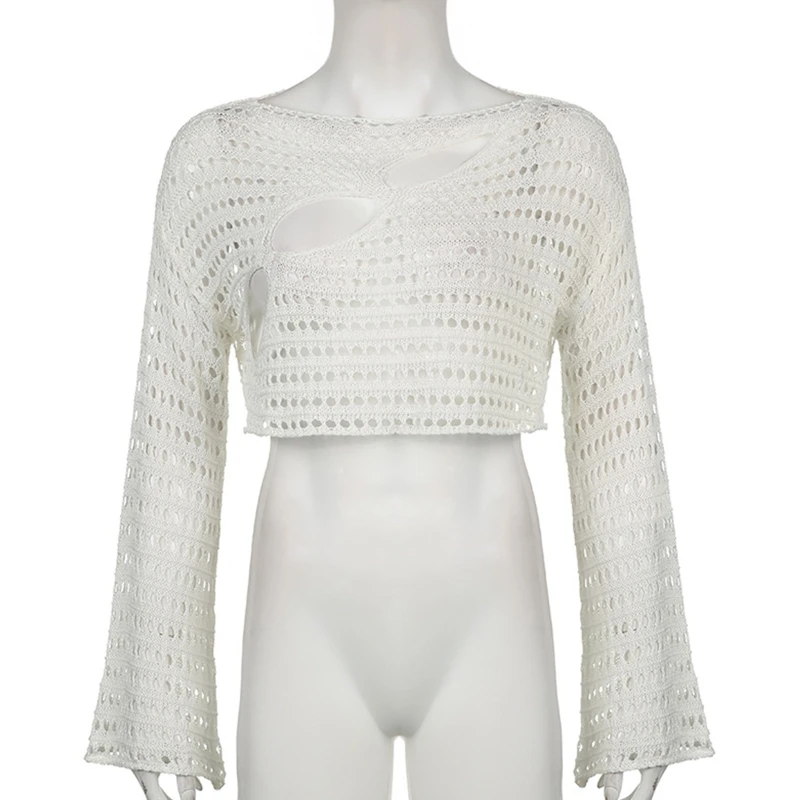 Новая стильная Женская Расклешенная сетчатая накидка с длинным рукавом вязаный