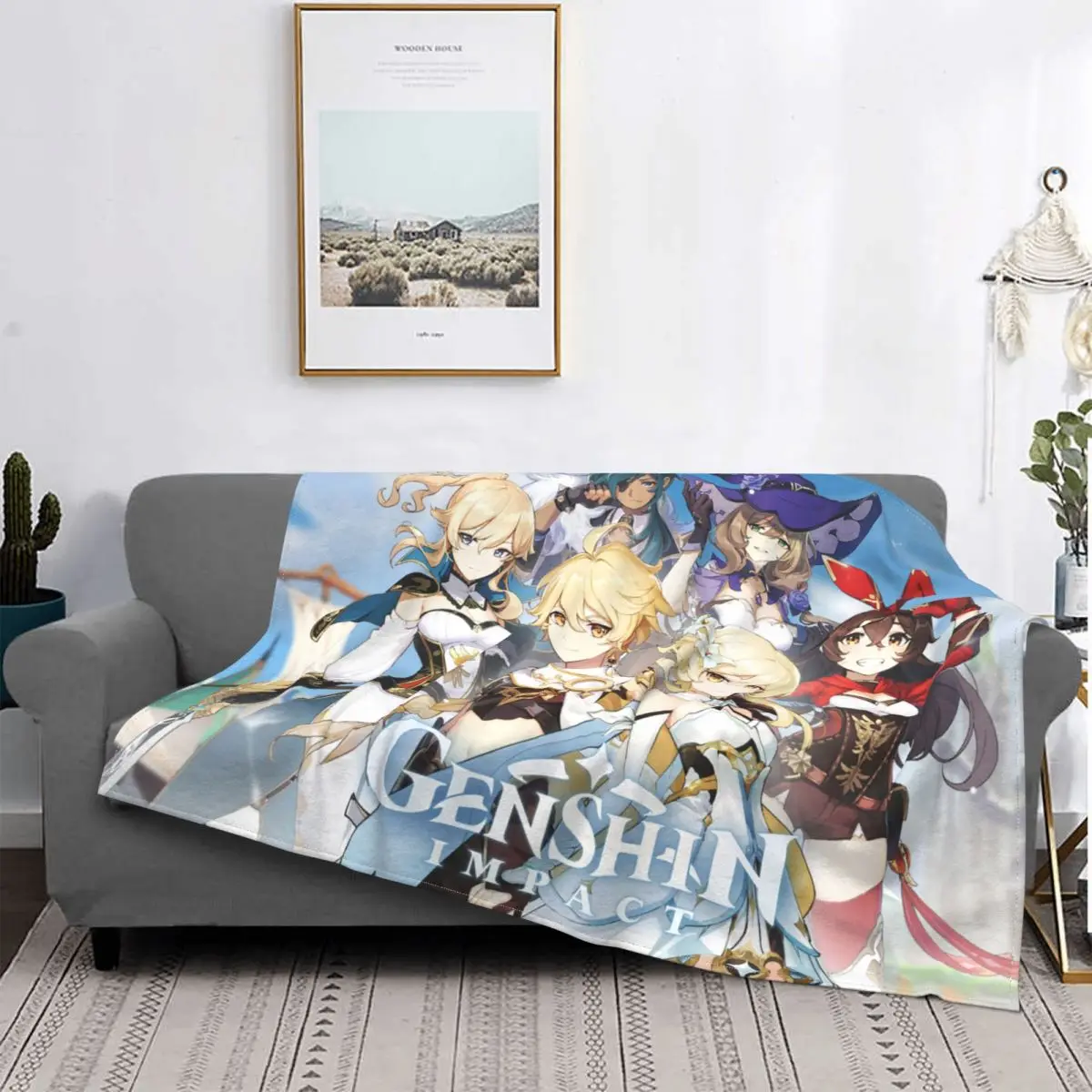 

Genshin Impact Key Visual Fuzzy Blanket game geo anime Vintage Throw Blankets for Bed Sofa Couch 125*100cm