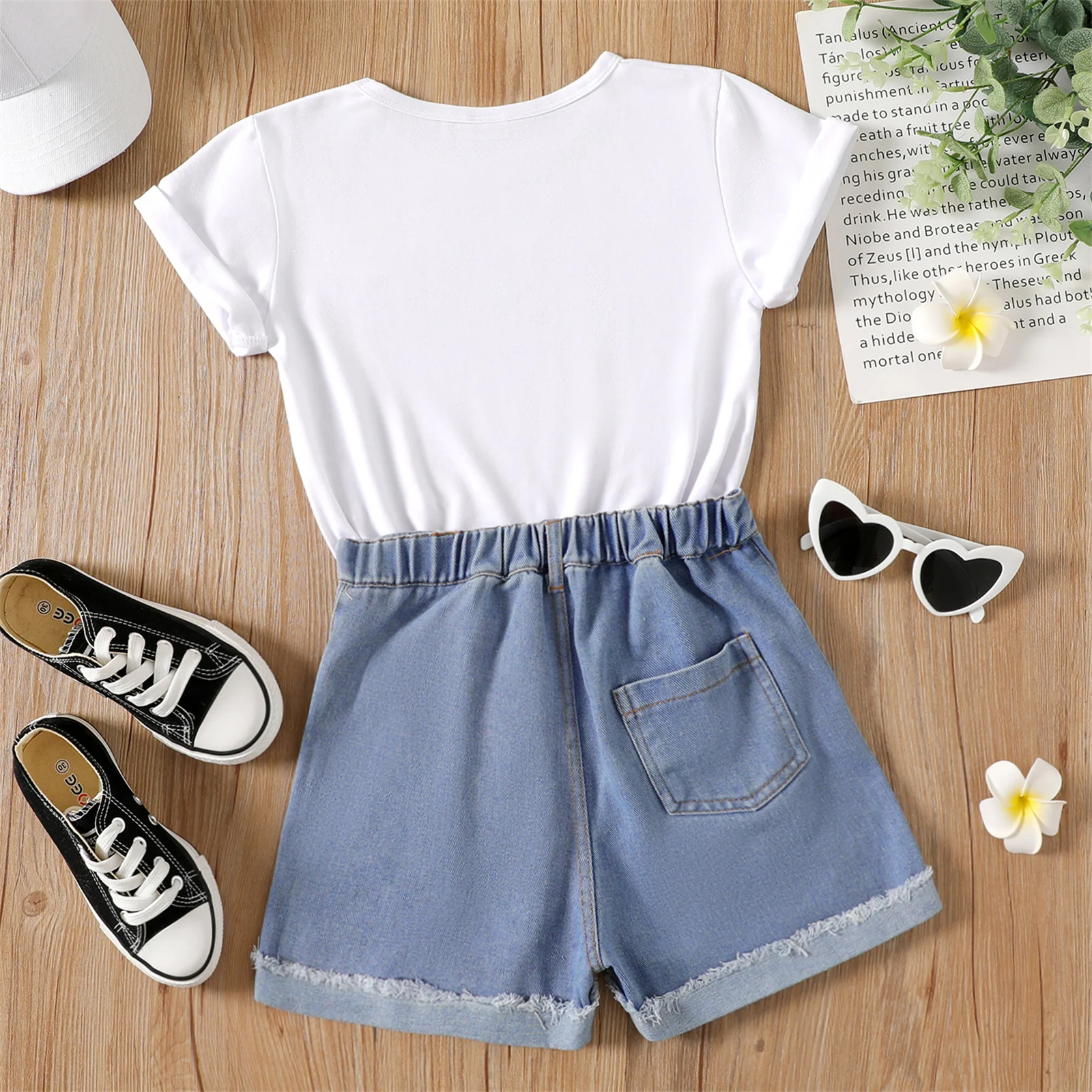 

PatPat 2pcs Baby Girl Clothes Letter Print Short-sleeve White Tee and Ripped Denim Shorts Set Kid Clothing