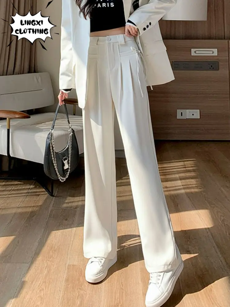 High Waisted Lace Up Suit Wide Leg Pants for Women In 2023 Summer Black Classic Casual Loose Fitting Straight Leg Mop Pants