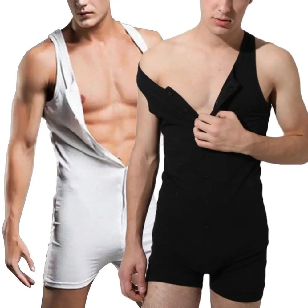 

Men Sexy Solid Color One-piece Vest Tanks Top Buttons Shorts Jumpsuit Bodysuit