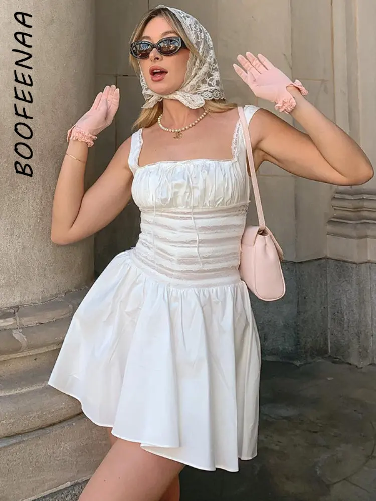 

BOOFEENAA, белое летнее женское платье 2023, кружевная отделка, квадратный вырез, короткие трапециевидные платья, наряды для отпуска, Милая женская одежда