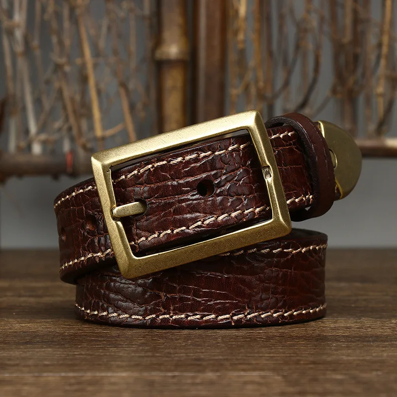 3.3CM Pure Cowhide High Quality Genuine Leather Belts for Men Brand Strap Male Brass Buckle Jeans Cowboy Thickened Both Sides