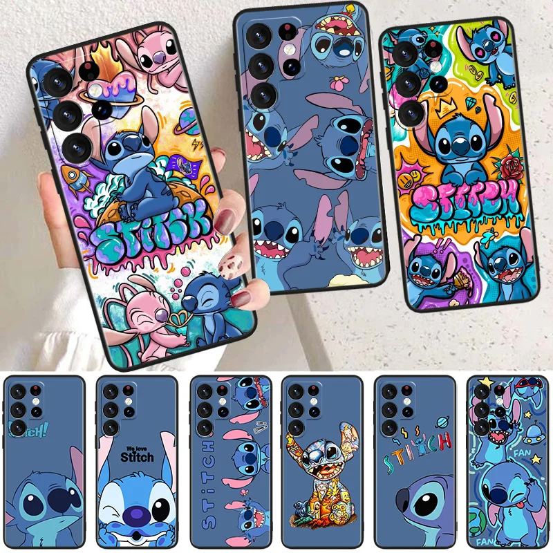 

Cute Stitch Anime Phone Case For Samsung Galaxy S23 S22 S21 S20 FE Ultra S10e S10 S9 S8 Plus Lite Black Soft Cover