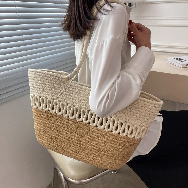 

Women Handbag Summer Beach Bag Rattan Woven Handmade Knitted Straw Large Capacity Totes Leather Women Shoulder Bag Bohemia New