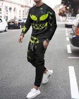 mens sports suit t shirt trousers workout clothes 2 piece set 3d plant ieaf solid color printing iong sleeved sportswear suit