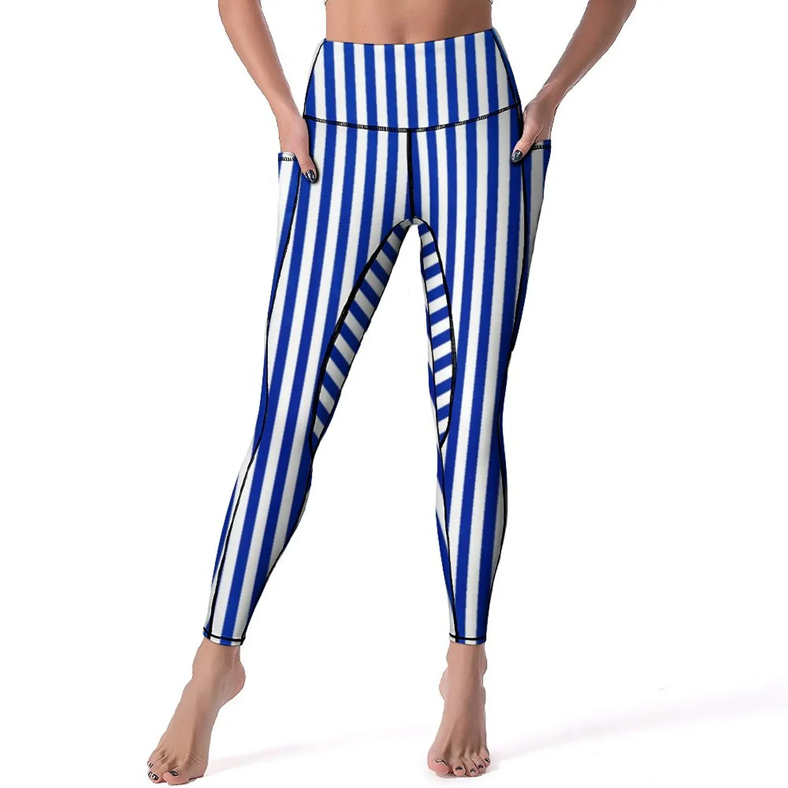 

Nautical Blue And White Leggings Sexy Vertical Stripes Push Up Yoga Pants Elegant Quick-Dry Leggins Graphic Gym Sports Tights