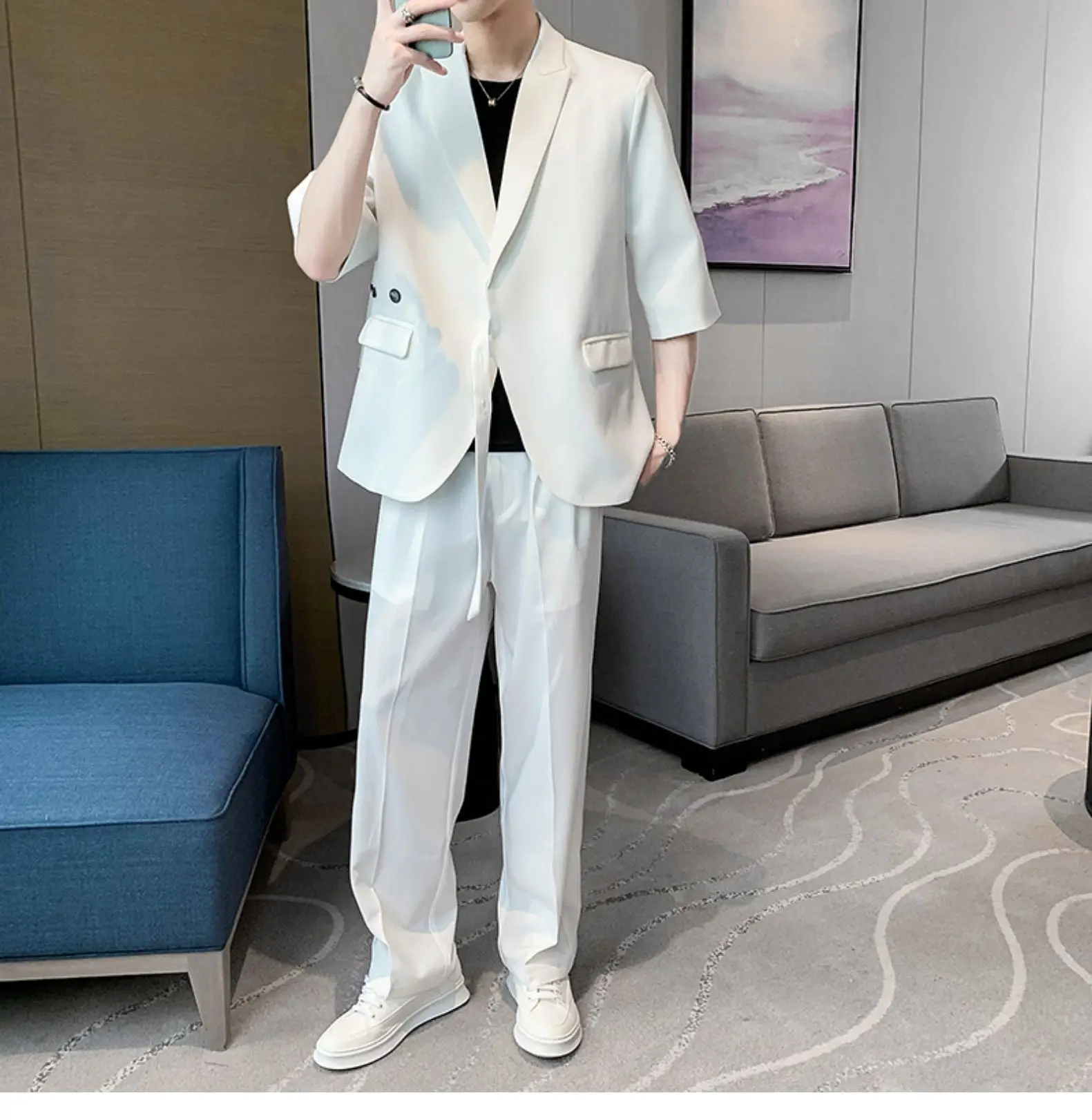 2022 New Men's Suit Oversize Fashion Style Sagging Young Handsome Relaxed Clothes Male Summer Mid-Short Costumes