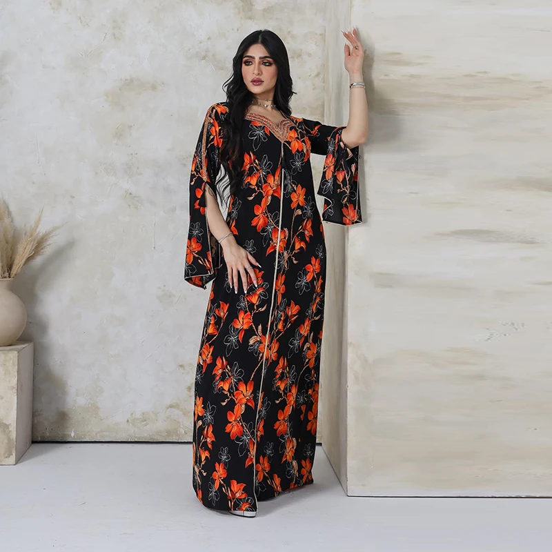 Ramadan Eid Diamond Beading Tassel Floral Printed Abaya Dubai For Muslim Women 2022 Middle East Arab Abaya Femme Islamic Clothes