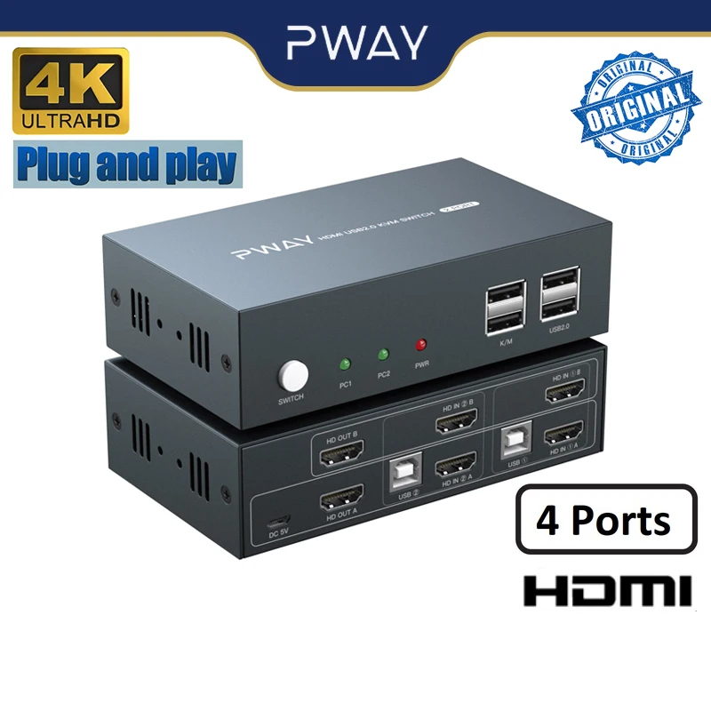 PWAY HDMI KVM Switch 4x2 Support Up To 4K@30Hz Video Two Group Splitter 4 USB2.0 Switch Keyboard Mouse Printer For PC Laptop